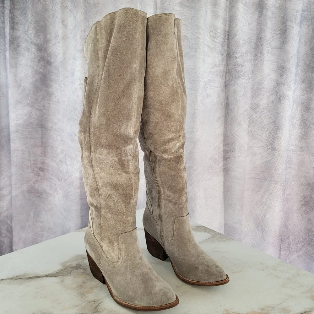 Jeffrey Campbell Size 7.5 Women's OAKMONT Taupe Distressed Suede Over Knee High